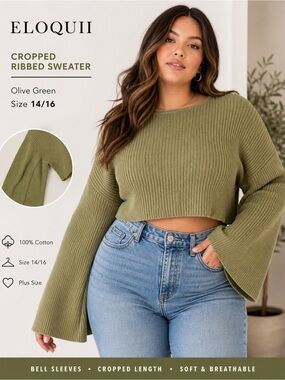 ELOQUII Cropped Ribbed Sweater Olive Green Bell Sleeve Size 14/16 Plus
